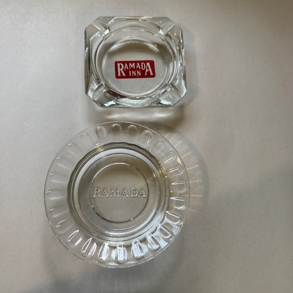Vintage Ramada Inn Glass Ashtrays Clear Square and Round Tobacciana